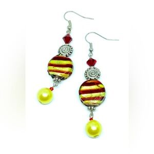 Chartreuse Lime Green Red Striped Glass Coin with Pearl and Crystal Earrings